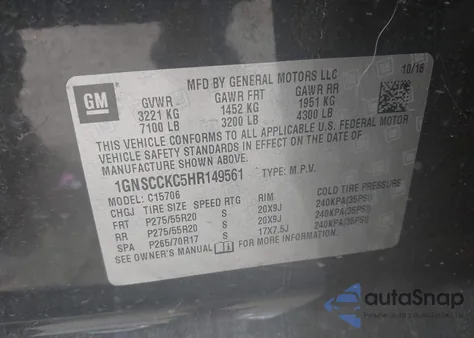 2017 Chevrolet Tahoe Premier from USA, damaged, VIN 1GNSCCKC5HR149561